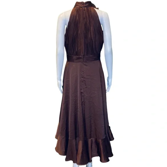 NWT Mac Duggal 49488 Brown Halter Neck Flower Detail Ruffled Midi Dress - Sz 8